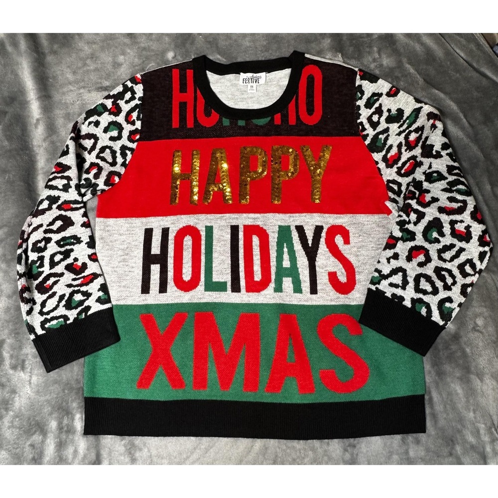 Feeling Festive Sweater‎ Womens 2XL Red Ugly Christmas Holidays Sequin Leopard